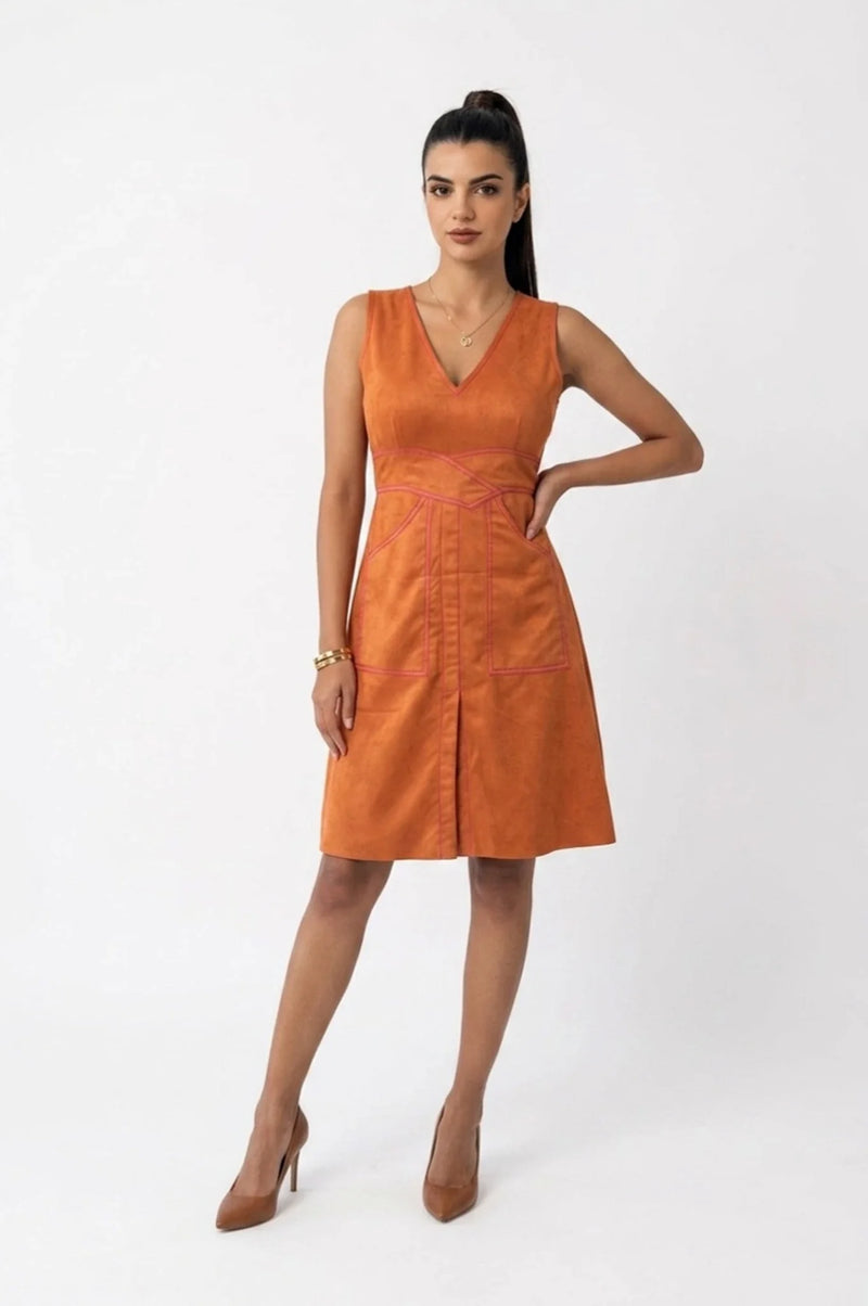 Tea & Dove Metro Seam Rust Suede Dress, a faux suede V-neck sleeveless dress with structural panel seams.