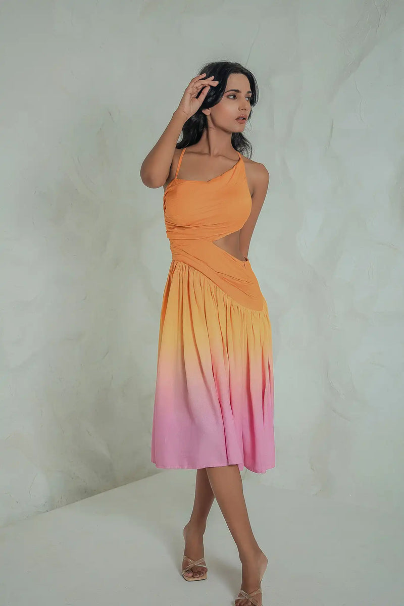 Tea & Dove Vivid Mandarin and Fondant Pink ombre Indo-Western dress featuring a side cutout, styled front view.