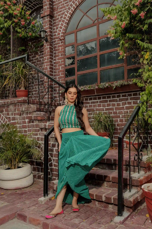 Tea & Dove Aaroohi Emerald Green Georgette crop top and draped skirt front view
