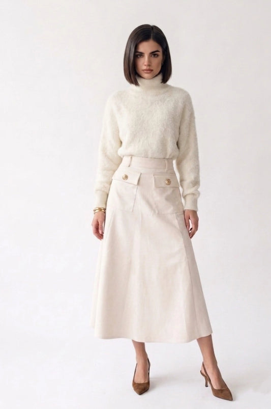 Full-length front view of the Tea & Dove Day-to-Dusk skirt in ivory suede, highlighting the A-line cut and gold-buttoned front patch pockets.
