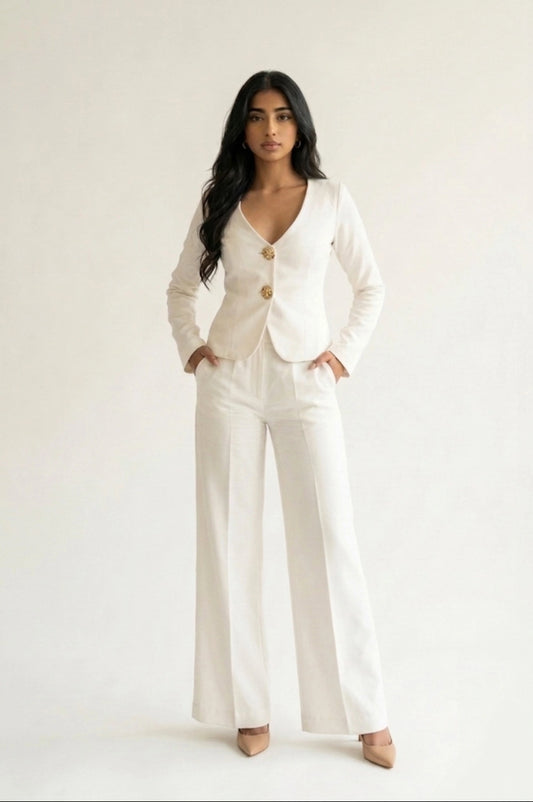 Full-length front view of a woman standing against a plain white background, wearing a tailored ivory suit. The V-neck jacket features long sleeves and two ornate gold buttons, paired with matching high-waisted, wide-leg trousers and nude pointed-toe heels. Her hands are resting in her pant pockets.