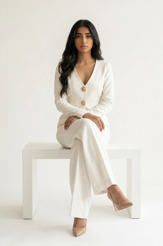 Full-length front view of a woman sitting on a white minimalist bench against a bright white studio backdrop. She wears an ivory jacket with large gold buttons and matching wide-leg trousers crossed at the ankle, styled with nude pointed heels and her hands resting gently on her lap.