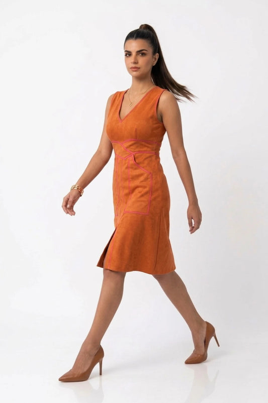 Side profile action shot of a model walking in a sleeveless rust suede midi dress with exposed stitching patterns and a front slit detail.