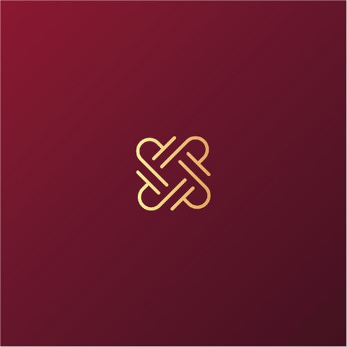 Tea&Dove apparel brand icon featuring a symmetrical gold interlocking knot logo centered on a deep red gradient background.