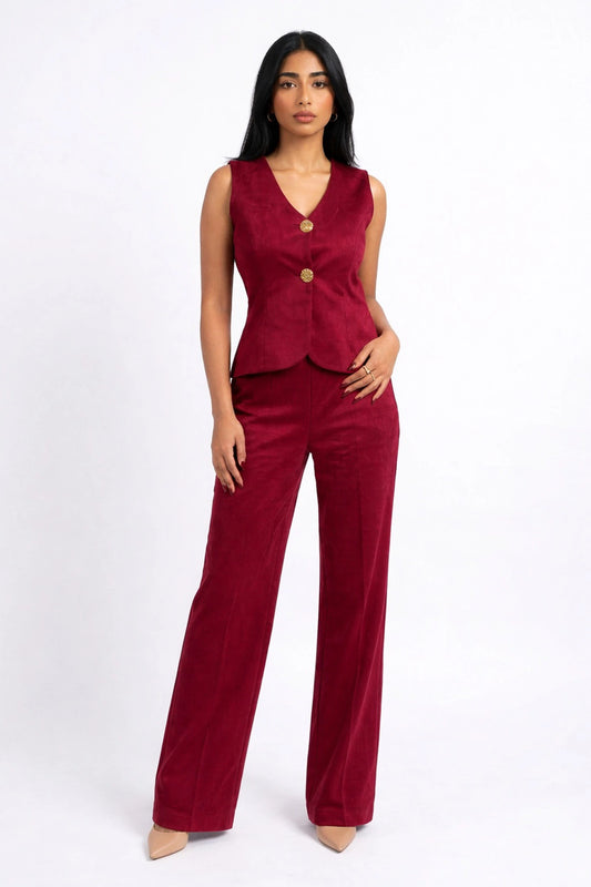 Full-length studio shot of a woman standing and facing forward in a coordinated burgundy suede set. The outfit consists of a tailored, sleeveless V-neck vest fastened with two large textured gold buttons and matching wide-leg pants.